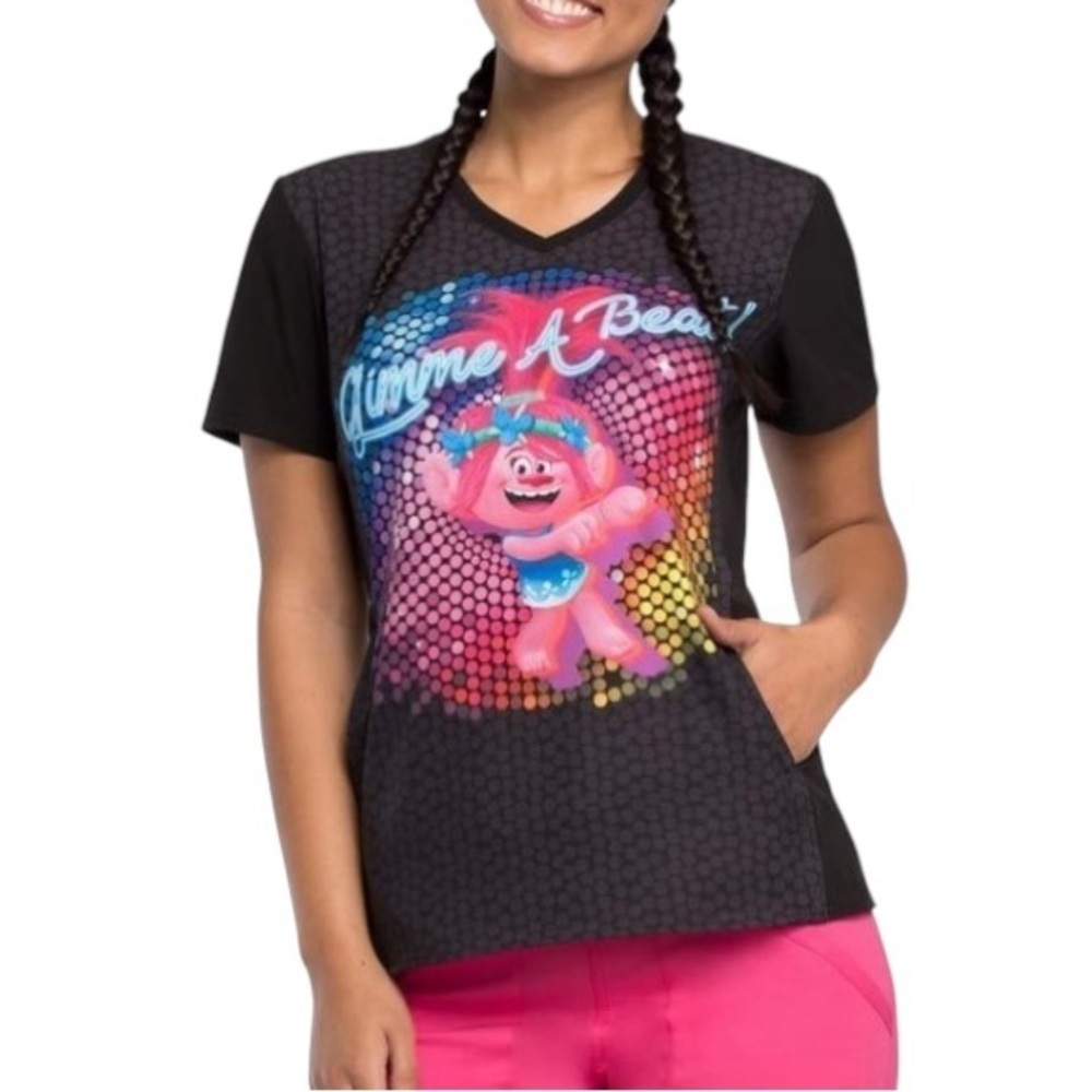 DreamWorks Women's Trolls Gimme A Beat Print Scrub Top Size XS
